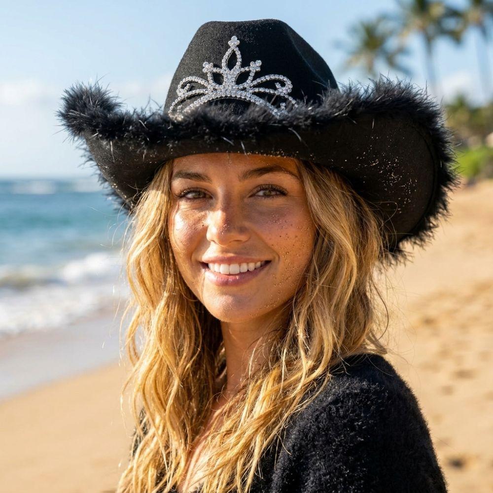 Wide Curved Brim Rhinestone Tiara Cowgirl Hat Sparkly Western Cowboy Cap Birthday Party