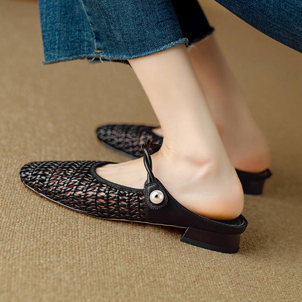 Krazing Pot Микрофибра Мюли Плетение Лето Размер 41 Низкий каблук Жемчужная отделка Вечерняя обувь Женщины Квадратный носок Гладиатор Полые туфли-лодочки