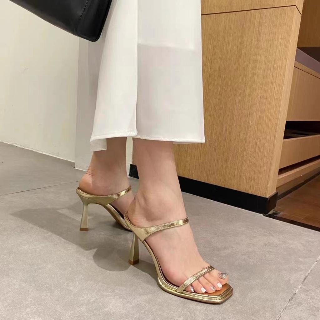 2025 new French gold square head with thin heel sandals for women's summer wear sexy high-heeled open-toed sandals