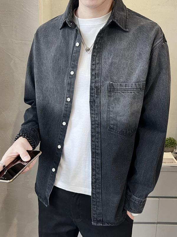 Мужская рубашка из денима с градиентом: Куртка свободного кроя в американском стиле в стиле ретро с длинными рукавами на весну/осень.