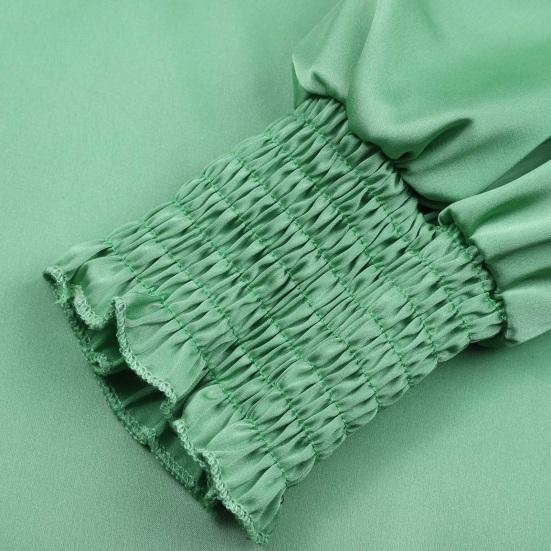 Женская рубашка со стойкой воротником, оборками, длинным рукавом, пуловер, однотонная, из шелковистого атласа, свободного кроя, повседневные топы