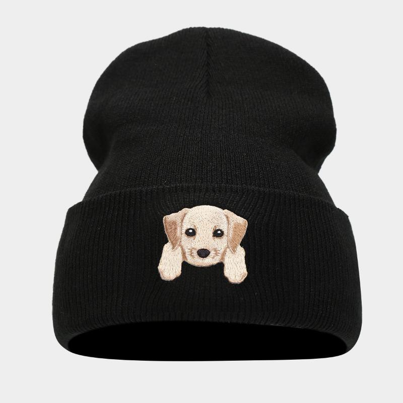 Cute Puppy Head Sticker Knitted Hat Autumn and Winter Street Fashion Crimped Pullover Black Hat