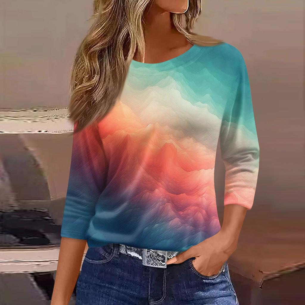 Женская Модная Повседневная Круглый Вырез 3/4 Рукава Свободная С Принтом Футболка Женский Топ