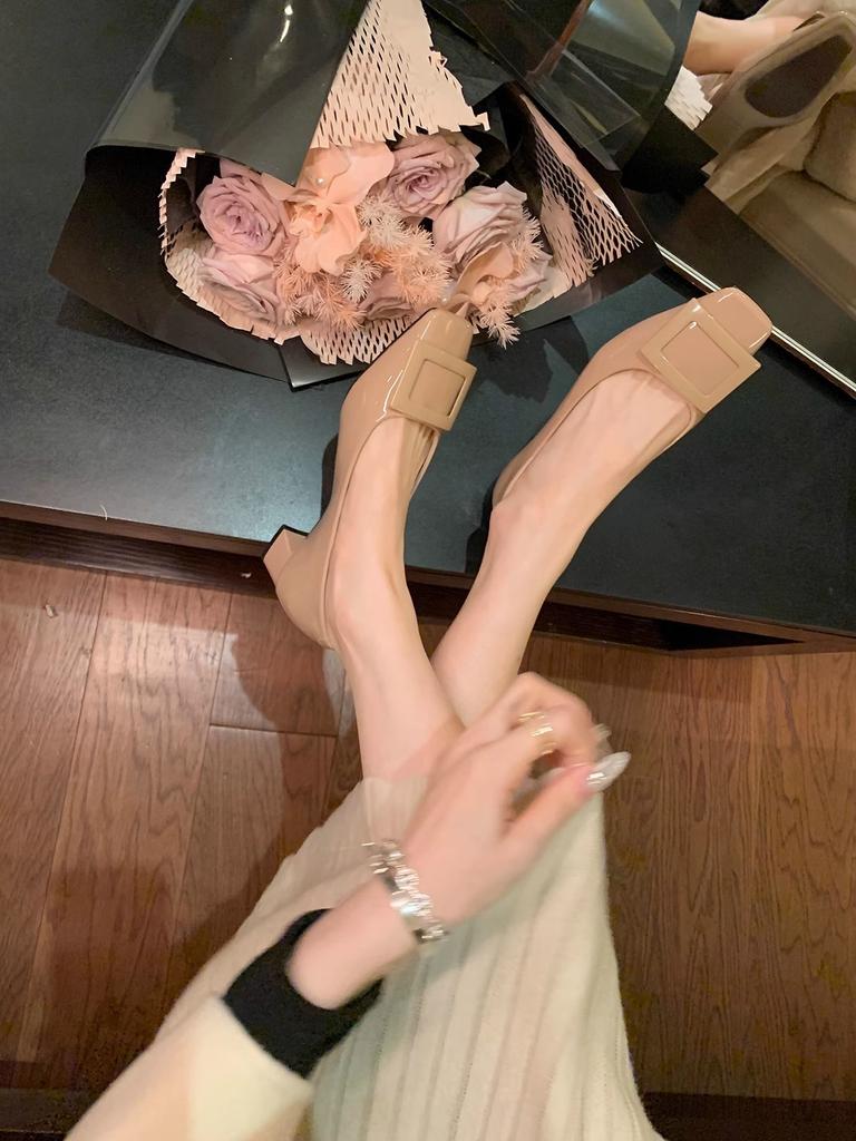 Виноградная Мама Сиэтл Ночь~ Весна Квадратная Пряжка Коммьютер Толстый Каблук Легкий Вырез Туфли на Высоком Каблуке Квадратный Носок Темперамент Средний Каблук Одинарные Туфли