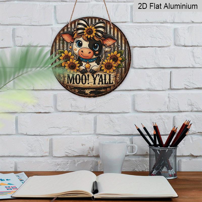 2D Flat 1pc, 8x8 in, Aluminum Metal Sign Printed Artwork Featuring A Cute Little Cow and Sunflower, Perfect for Decorating Homes, Cafes, or Cottages