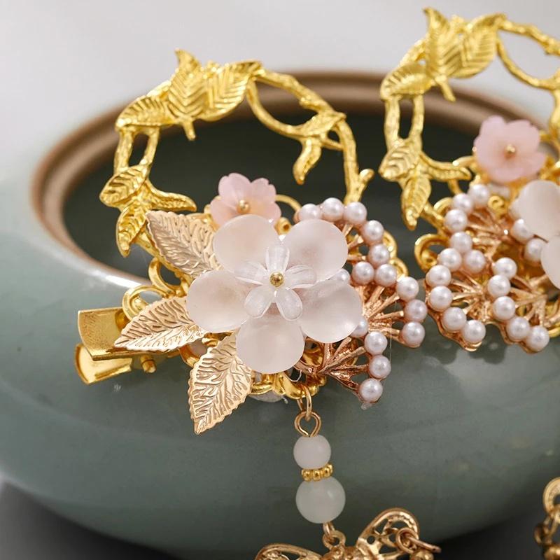 1 пара длинных кулон-кисточка в виде цветка и листа, китайские шпильки для волос в стиле ханьфу для женщин и девочек, свадебные украшения для волос