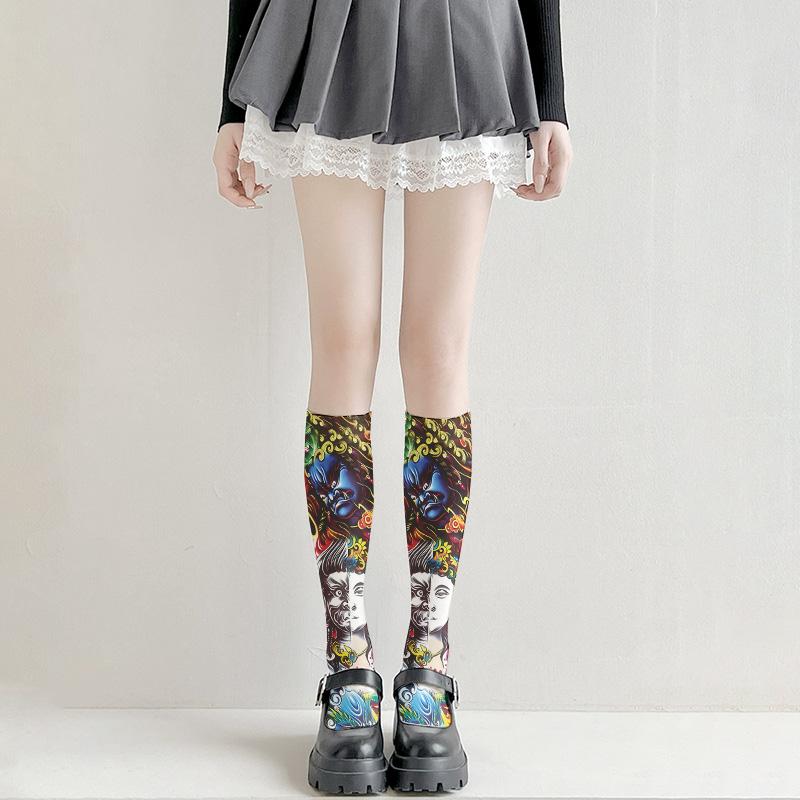 Модные носки с татуировкой на бедрах, чулки с принтом, девушки Лоли, японские сексуальные чулки, тонкие модели, разные размеры