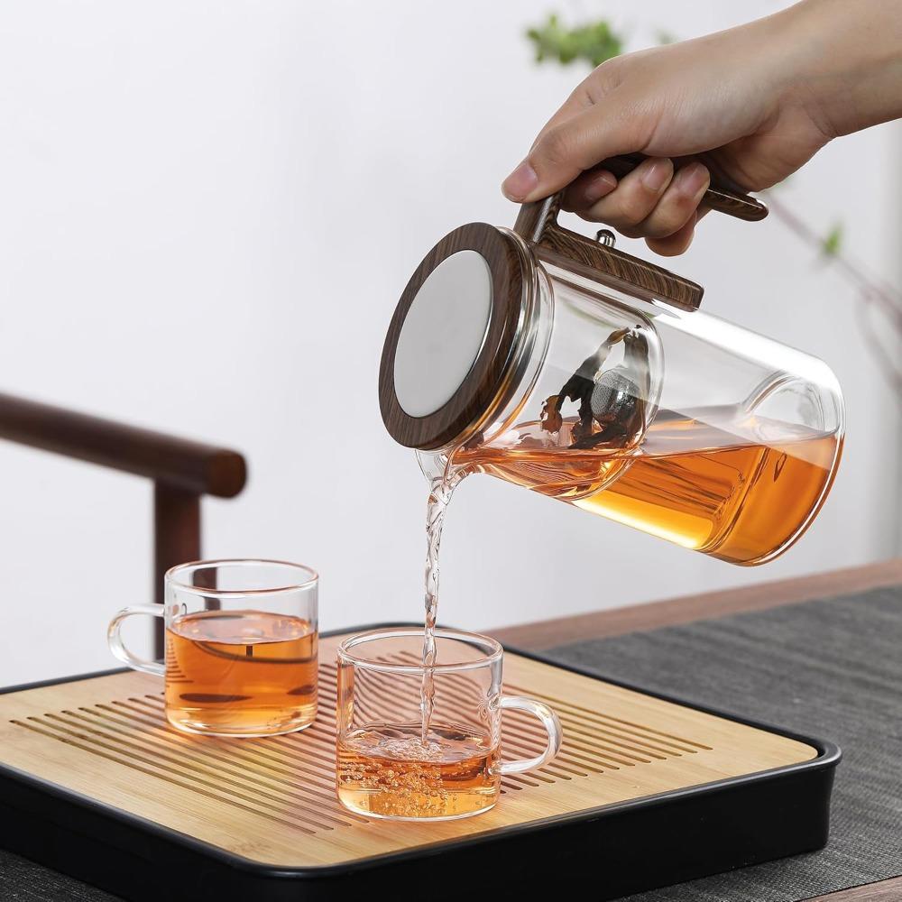 Glass Teapot with Filter Wooden Handle One Click Magnetic Switch Tea Separation Filtration Suitable for Family Gifts Offices