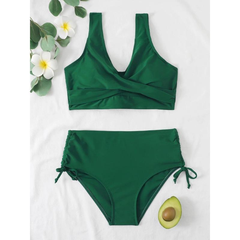 Drawstring High Waist Bikini 2025 Women Solid Swimwear Female Cross Front Swimsuit Padded Beachwear Bather Bathing Swimming Suit