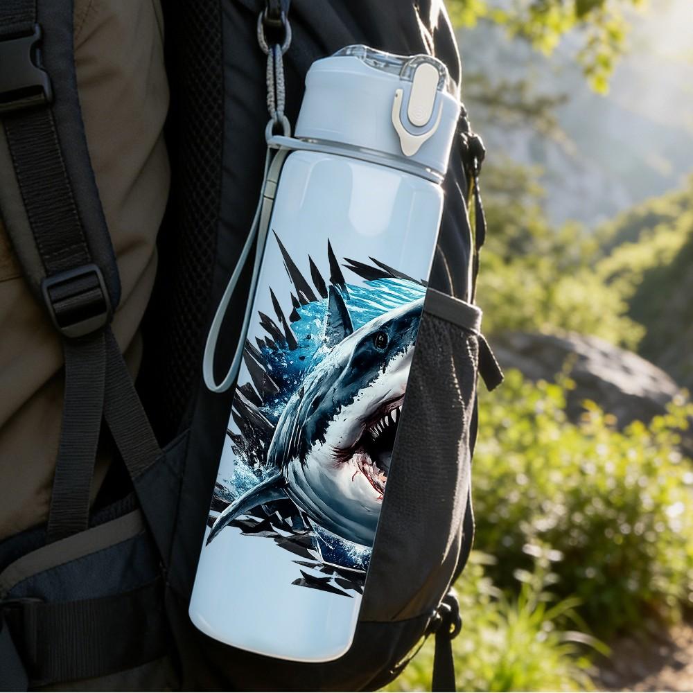 1PC Big Shark Open Mouth Cartoon Print 750ml Color Plastic Sports Water Bottle Leakproof Flip Straw Lid Suitable for Sports Office Home Use