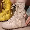 Summer Hollow Lace Medium Boots Women'S Breathable Lace-Up Inner Height Increase Cool Boots Retro Style Splicing Short Boots Women