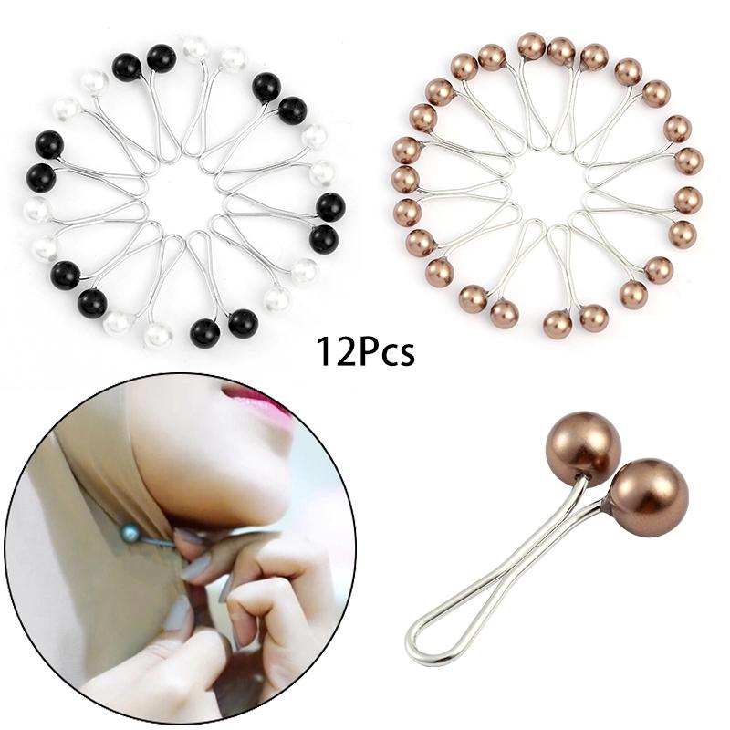12pcs/lot Anti Slip Brooch Headscarf Shawl Scarf Lady Muslim Fixed Pins Scarf Hijab Clips Pearl Stylish Brooch for Women