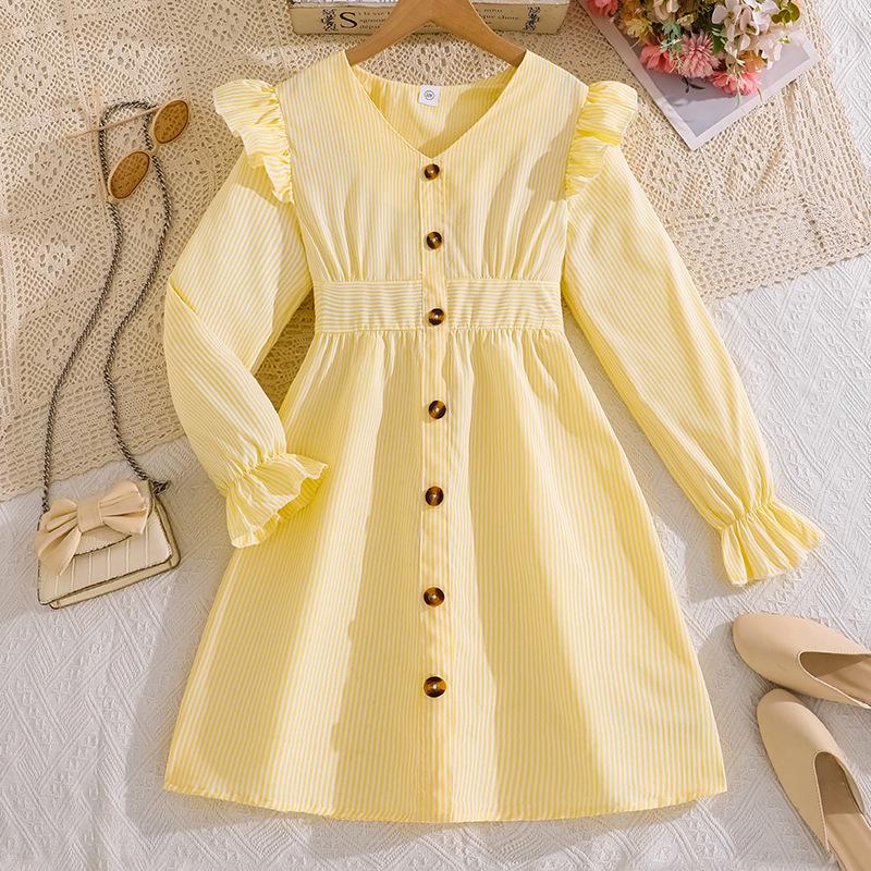 Elegant Striped V-Neck Lace Dress for Big Kids - Autumn European & American Style