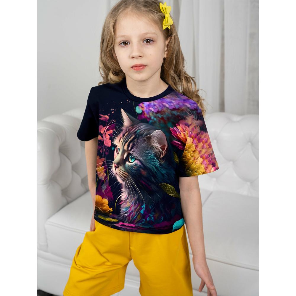 Детские футболки Одежда для девочек Одежда 2024 Girl Cute Cat Летняя детская футболка 10-летняя одежда для девочек Детский топ для подростков