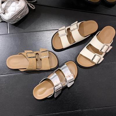 Летние новые на плоской подошве с квадратной пряжкой на толстой подошве пляжные крутые шлепанцы женские