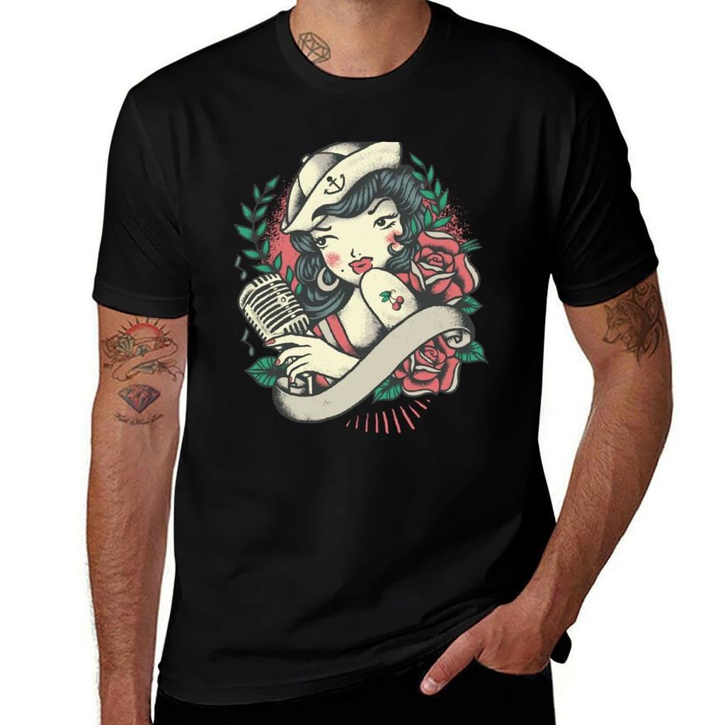 Vintage Pinup Girl T-Shirt T Shirts for Man Slim Fit Funny T Shirts Cotton T-Shirt