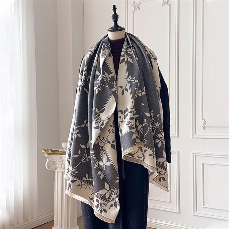 Winter Cashmere Scarf for Women Luxury Warm Shawl Floral Print Windproof Cape Pashmina Handerchief Designer Female Scrarf