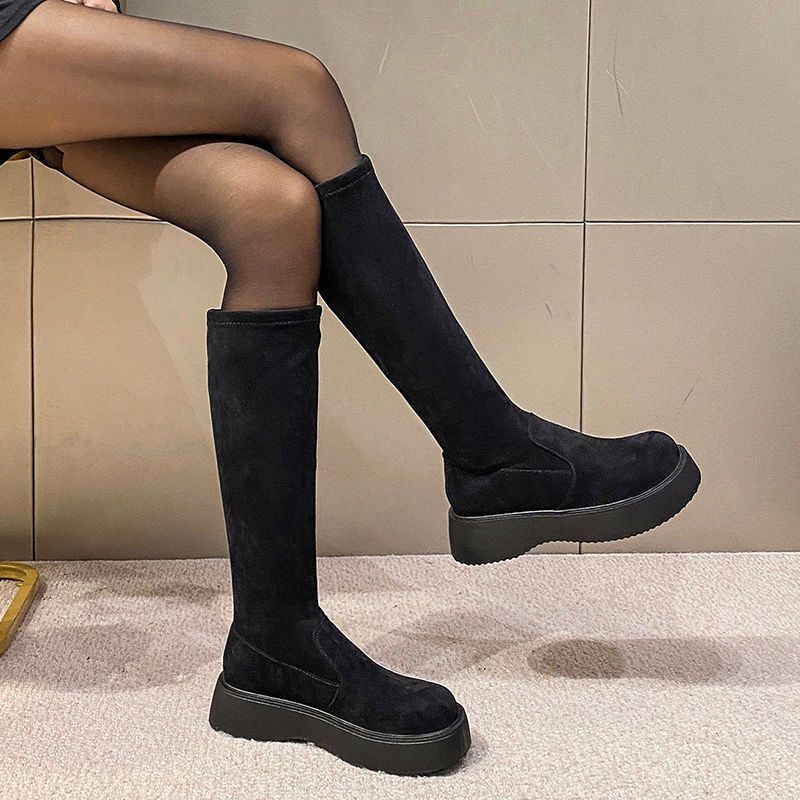 Модные женские сапоги, зимние, до колена, длинные, с голенищем, для женщин, на платформе, с эластичным круглым носком, коричневые, дизайнерские, роскошные, популярные, 39