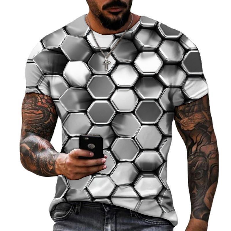 2025 New Men's Personalized Honeycomb 3D Digital Printed Casual Short Sleeve Top T-shirt