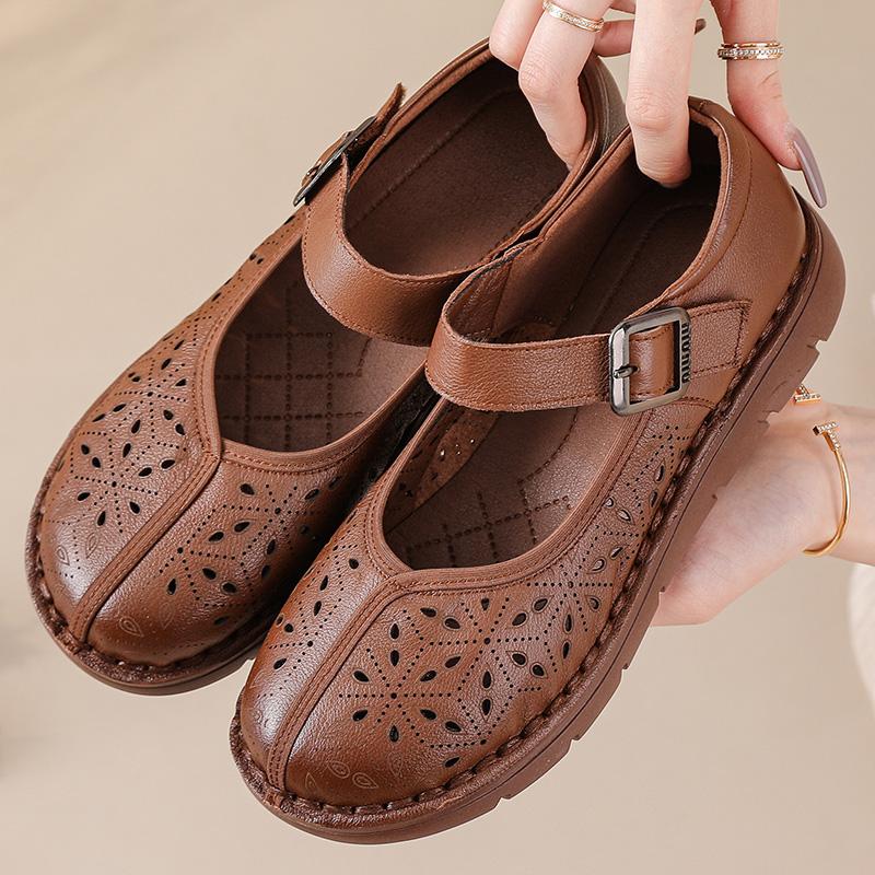 Fashion New Natural Leather Sandals Women's Hollow Out Flats Shoes Woman Luxury Mary Jane Sandal Female Strap Loafer Lady Shallow Flats
