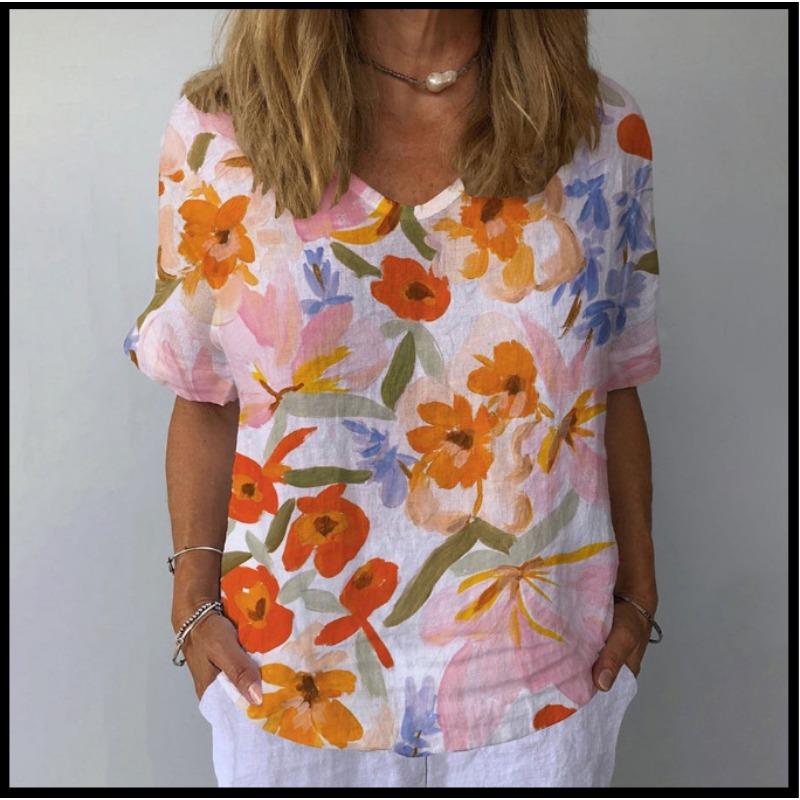 Весна и лето Новая женская футболка свободного покроя с 3D-цифровым принтом и покатым вырезом