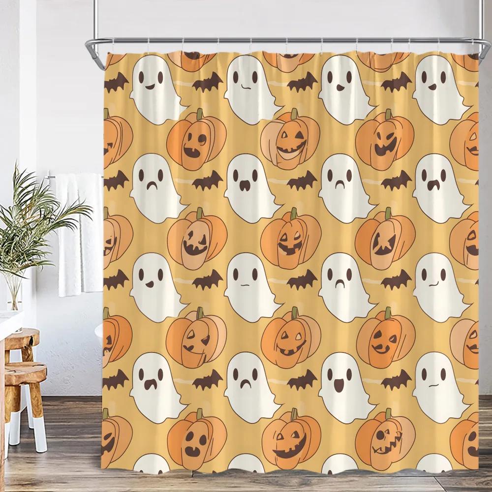 Cute Ghost Cartoon Pattern Shower Curtain Pumpkin Lantern Spectre Orange Pink Bathroom Decor Kid Happy Halloween Bathtub Curtain
