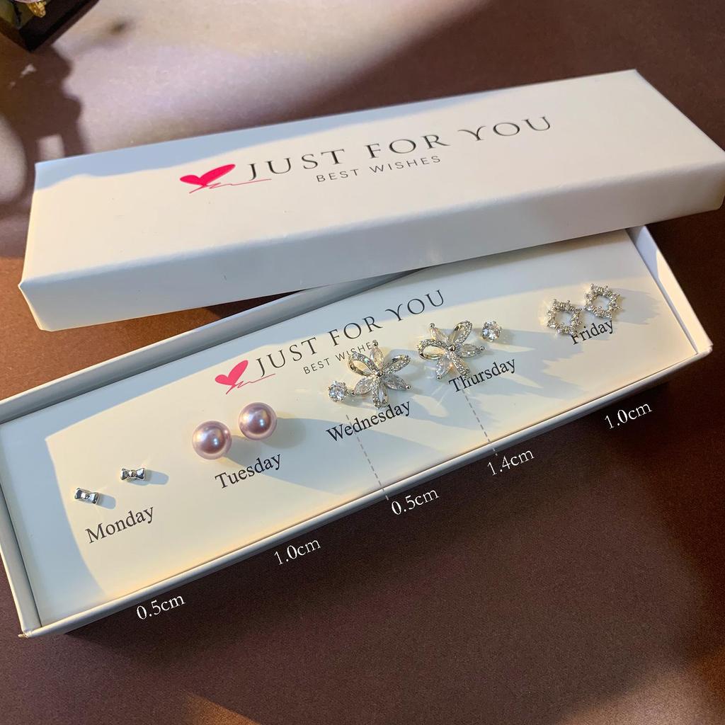 Набор серег-пуссетов в форме сердца с цирконом, цветком и жемчугом для женщин