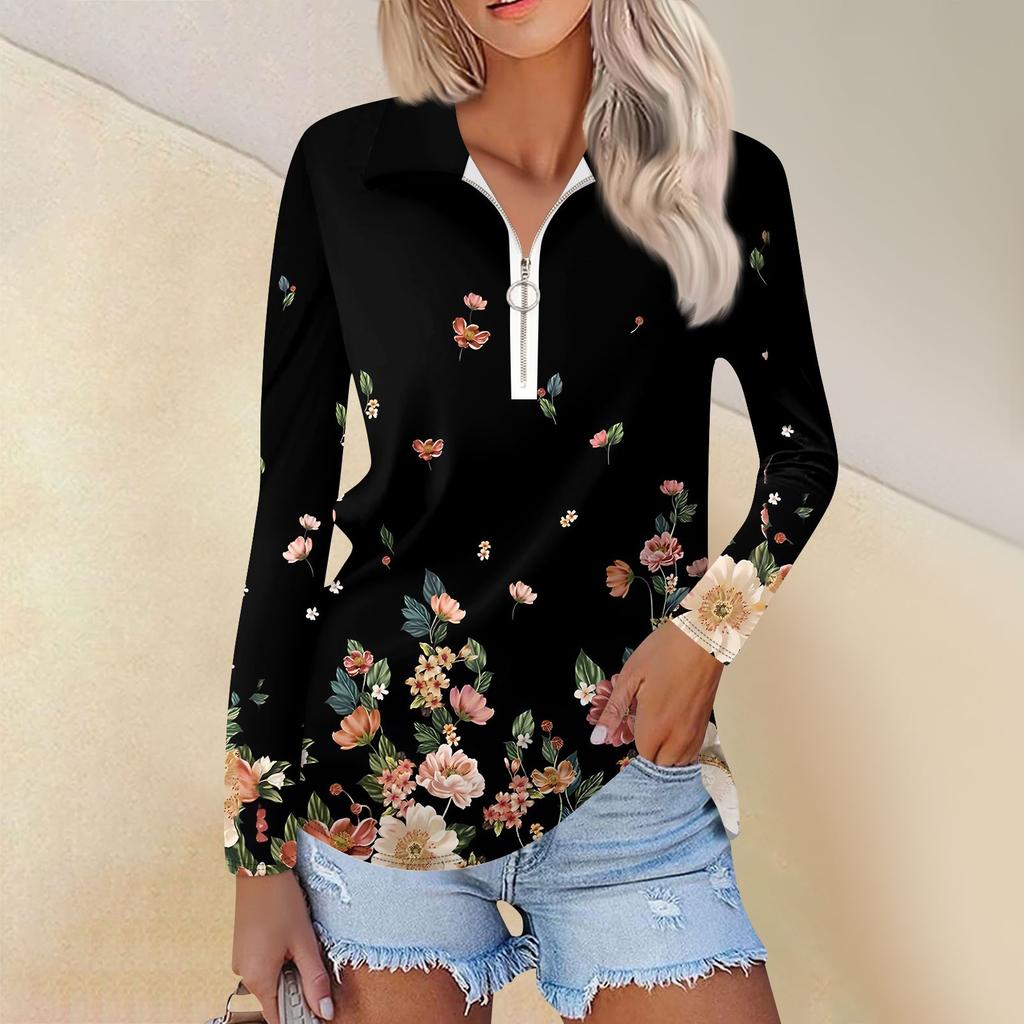Women's Spring And Fashion Casual Printed Zipper V-Neck Long Sleeve Shirt Tops