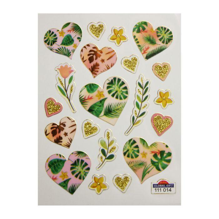 Stickers Coeurs et feuillages - pailletés - 1,8 cm