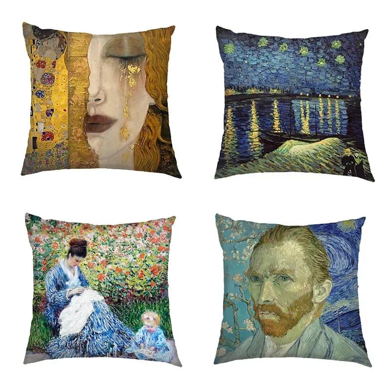 Oil Painting Kiss By Gustav Klimt Cushion Cover Van Gogh Starry Night Linen Pillowcase Sofa Throw Pillow Covers for Living Decor