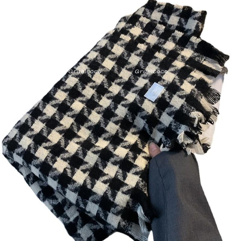 Houndstooth Scarf Women's Autumn and Winter Korean Version Versatile Niche Thickened Imitation Cashmere Large Shawl Dual Purpose Plaid Scarf Trendy