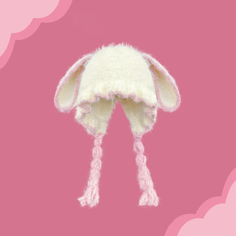 Fuzzy Texture Earflap Beanie Hat Braided Tassels Plush Winter Hat Bunny Ear Hat Autumn Wear