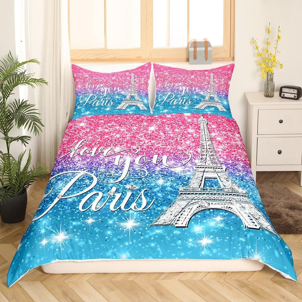 Watercolor Blue Sequin Duvet Cover Queen King Size Girls Teen Bedding Set Eiffel Tower Ombre Diamond Quilt Cover Home Decor