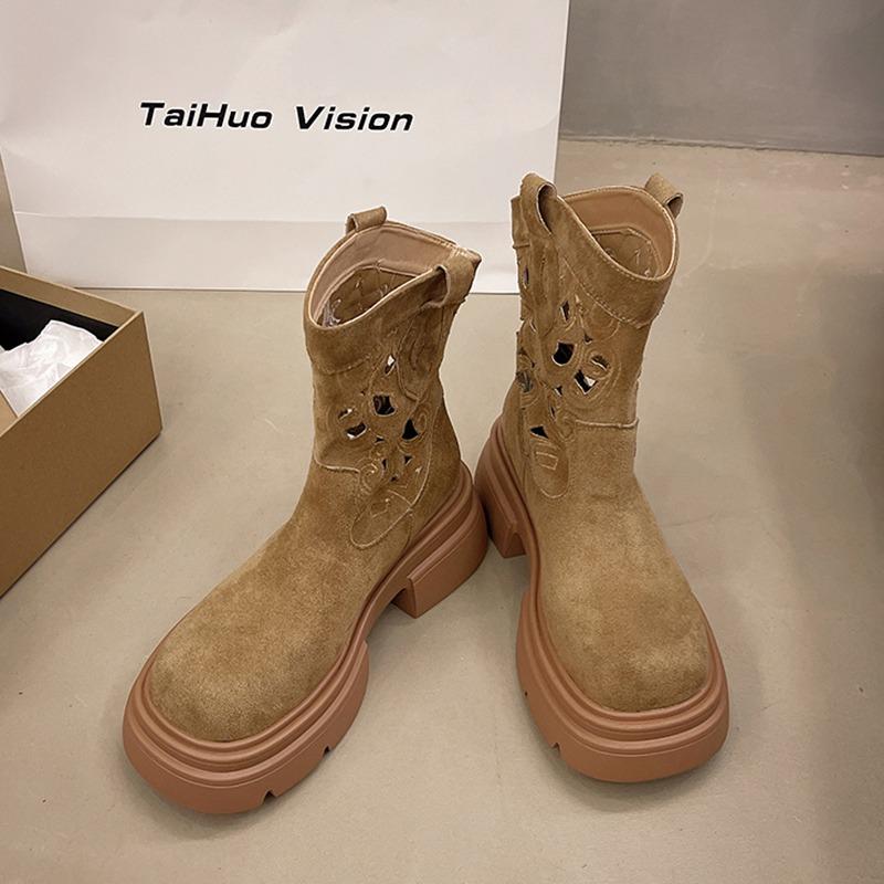 2024 Новые осенние женские удобные короткие ботинки на толстой подошве, женские полые модные ботинки с высоким каблуком и рукавами