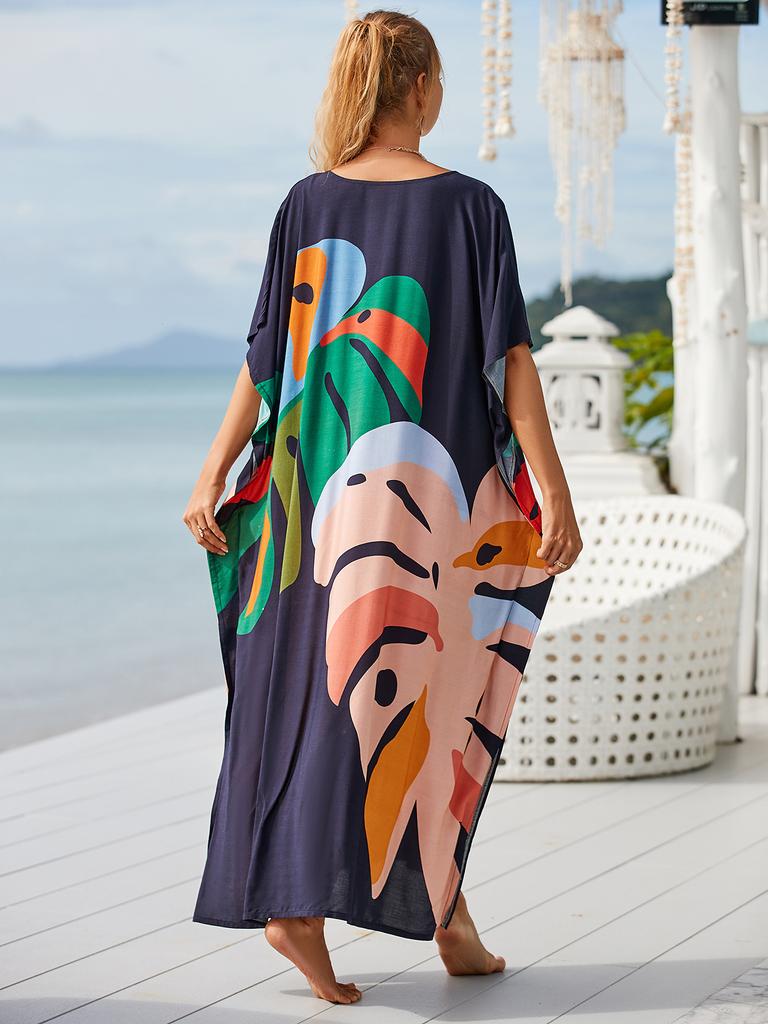 Maxi Dresses Leaf Printed Black Background Women Beach Kaftans Cover Ups for Swimwear Summer Holiday Bathing Suits