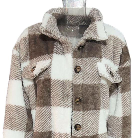 Fall Winter Women Jacket with Fake Pockets Contrast Color Plaid Print Plus Size