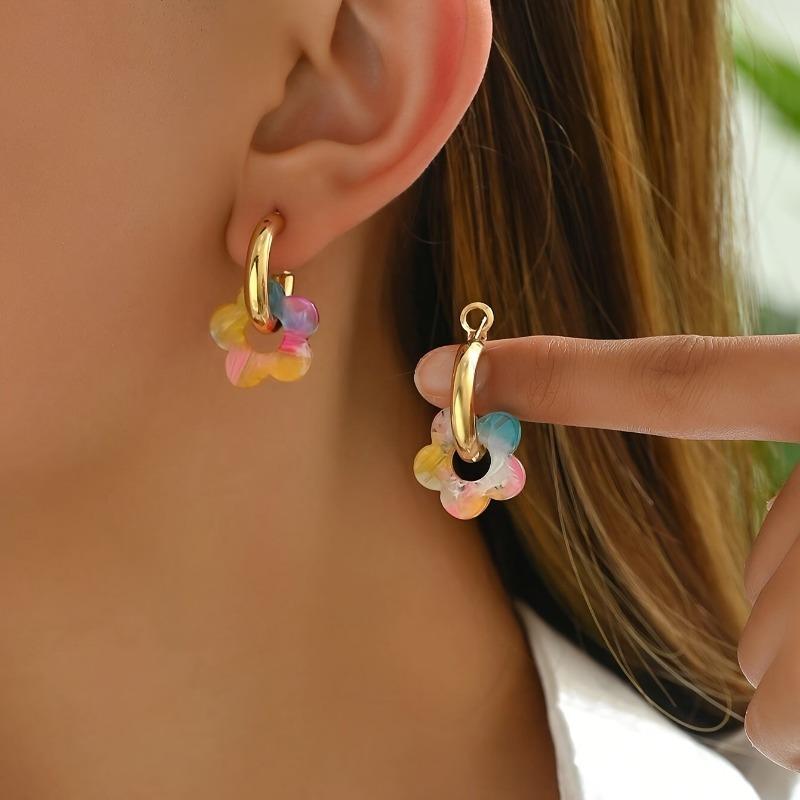 Trendy Metal Clip On Hoop Earrings Multi Colors Acrylic Flower Pendant Fashion Jewelry Spring Summer Earrings For Women
