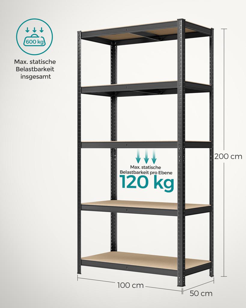 SONGMICS 5-Tier Shelving Unit, Steel Shelving Unit for Storage, Tool-Free Assembly, for Garage, Shed, Load Capacity 600 kg, 50 x 100 x 200 cm, Black