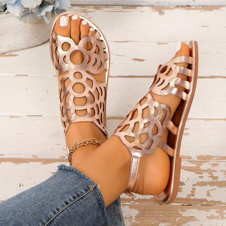 Женские сандалии на плоской подошве с пряжкой, новинка 2024 года, большие полые сандалии в стиле ретро, ​​женские сандалии в этническом стиле