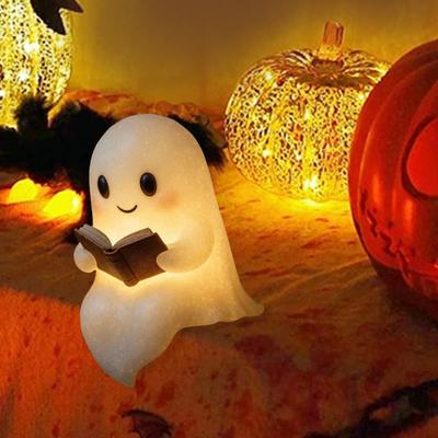 Хэллоуин Призрак Ночник Лампа для чтения Мягкое Теплое Свечение Питание от батареек Милый Призрак Читающий Книгу Лампа