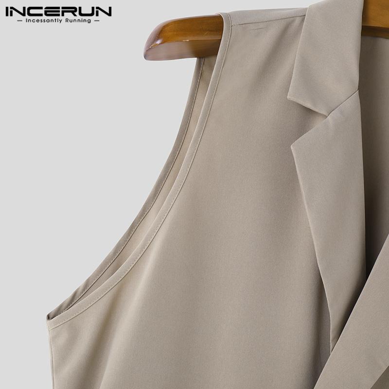 INCERUN Men Lapel V Neck Solid Color Jumpsuits Casual Zipper Long Rompers