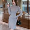 Осенне-зимнее облегающее трикотажное женское платье с длинным рукавом, А-силуэт, оборки, свитер, платья для женщин, повседневное, с высокой талией, элегантное, короткое платье 25958