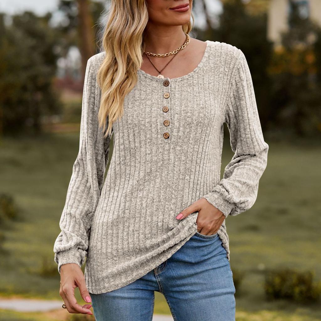 Женская осенняя трикотажная футболка-фонарик с длинным рукавом и круглым вырезом на пуговицах, однотонный ребристый трикотажный пуловер, повседневные топы