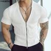 Summer Men Short Sleeve Zip-up Casual Rib Fitted T-shirts Tops