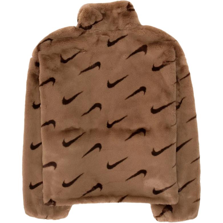 Nike Logo Print Stand Collar Loose Warm Fleece Jacket Women Outerwear Brown DQ6843-258