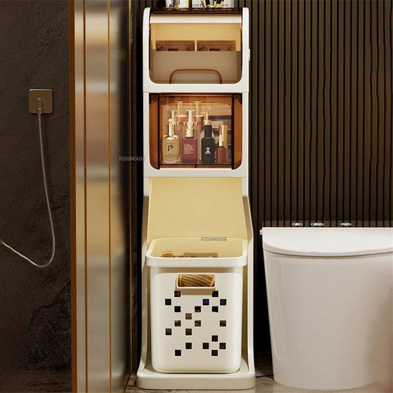 Bathroom Gap Storage Cabinet Toilet Mobile Storage Rack with Drawer Bathroom Organizer Floor Shelve with Dirty Clothes Basket