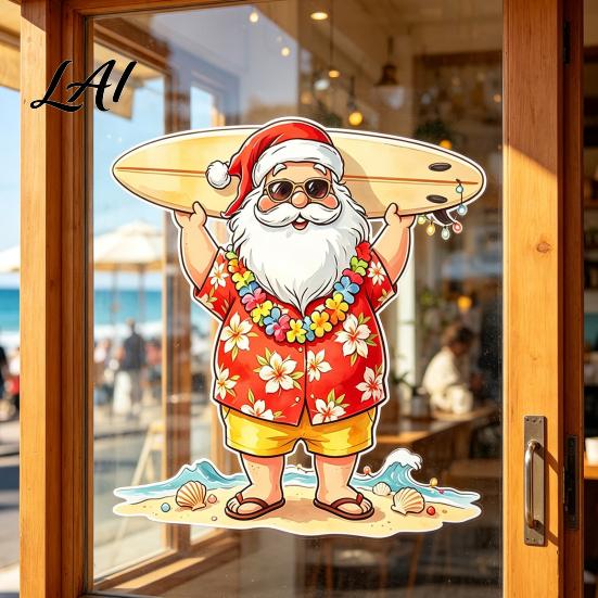 Tropical Holiday Party Decor Santa Claus Surf Window Static Sticker Christmas PVC Decal Cling Easy Apply Waterproof Sticker for Glass Doors