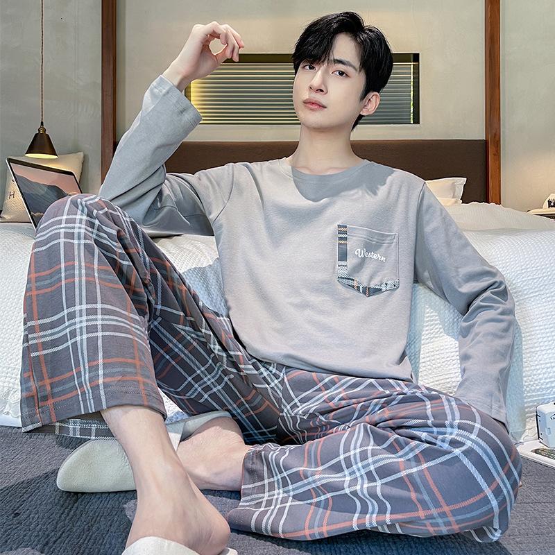 Men's Spring and Fall Men's Pajamas Cotton Homewear Suit Teenagers Simple Leisure Loose  Pajamas Homewear Suit