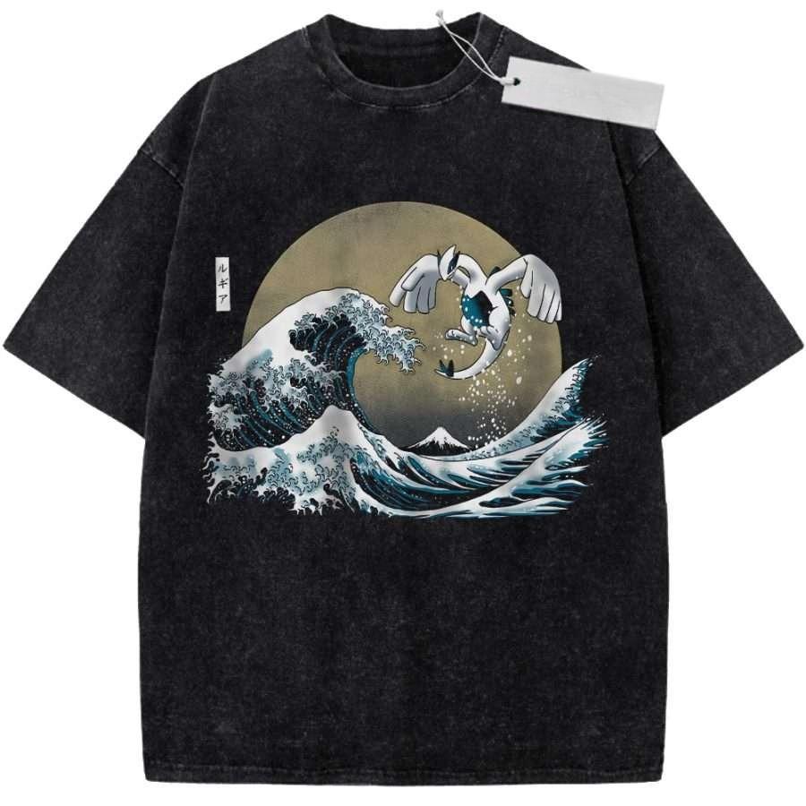 T Shirt Sports T Shirt Short Sleeve T Shirt Beige Unisex Pure Cotton Washed Vintage Pokemon Legendary Bird Ho Oh and Lugia Print