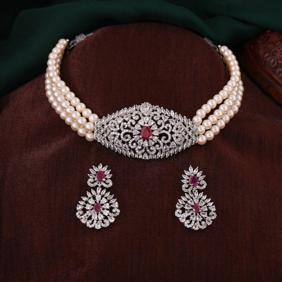 Комплект колье-чокера Estele с родиевым покрытием и зачарованным жемчугом CZ для женщин